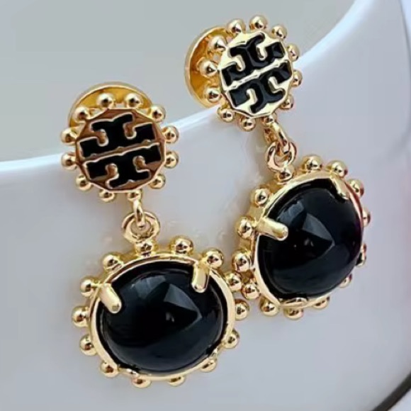 TORY BURCH WINSLOW BLACK + GOLD DROP EARRINGS - Picture 9 of 10